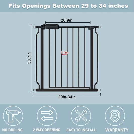 Black Baby Gate 29-34 Inch Wide Walk Through Pressure Mounted Safety Gate with Door No Drill Tension Metal Gate for Dog Cat and Toddler