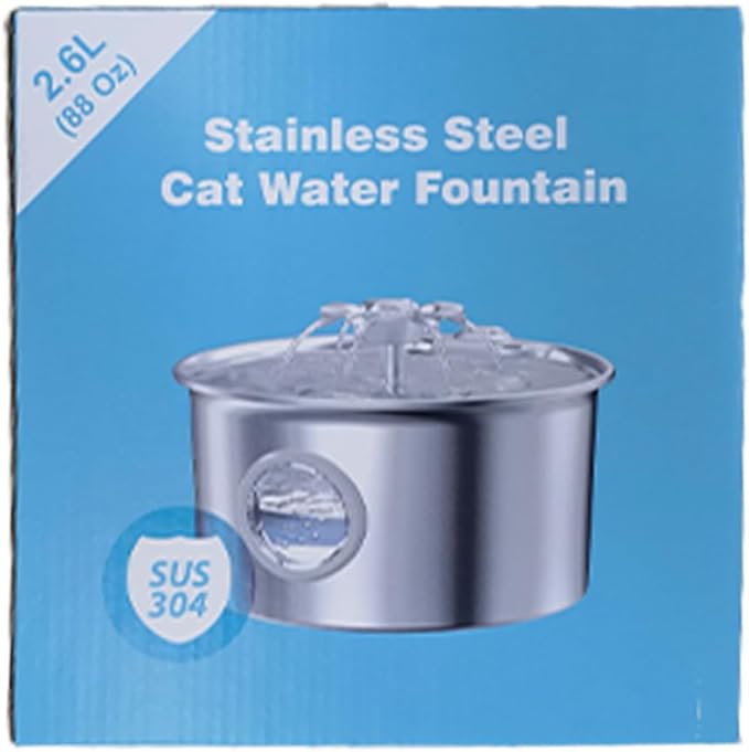 Stainless Steel Cat Water Fountain: 88oz/2.6L Ultra Quiet Pet Fountain with Flower Kitty Spout & LED Blue Light Water Dispenser with Water Level Window for Cats/Dogs Indoor (Silver) - IHOUONE