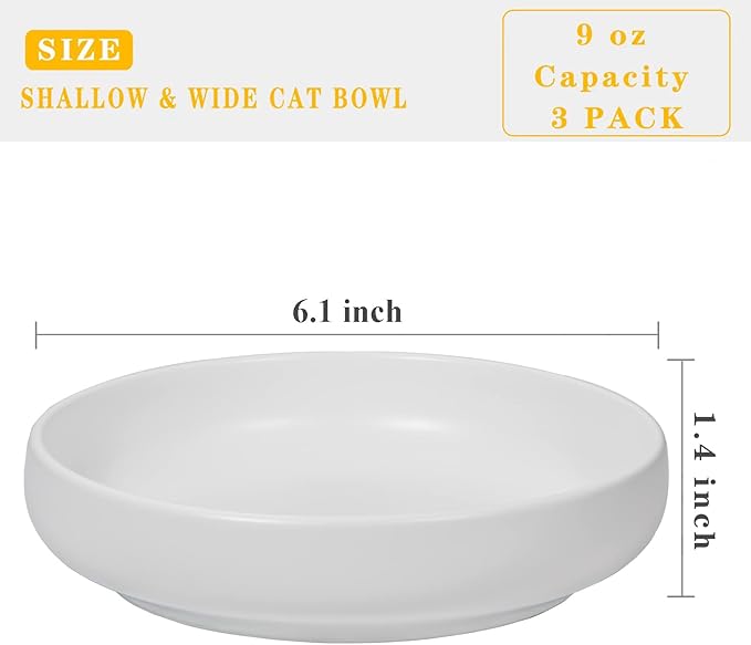 Ceramic Cat Bowls,Shallow Cat Dishes for Food and Water, 6 inch Matte Finish Wide Cat Food Bowl,Whisker Fatigue Free Pet Puppy Kitten Bowl Set of 3,Dishwasher Safe