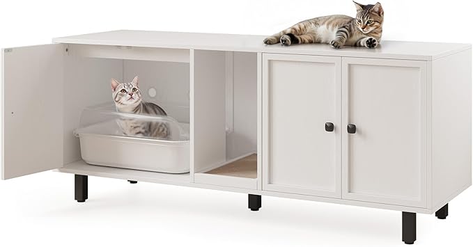 59 Inches Cat Litter Box Enclosure for 2 Cats, Hidden Litter Boxes Furniture with Cat Scratch Pad, Large Indoor Pet House with Double Room, Wooden TV Stand Side Table, Off White