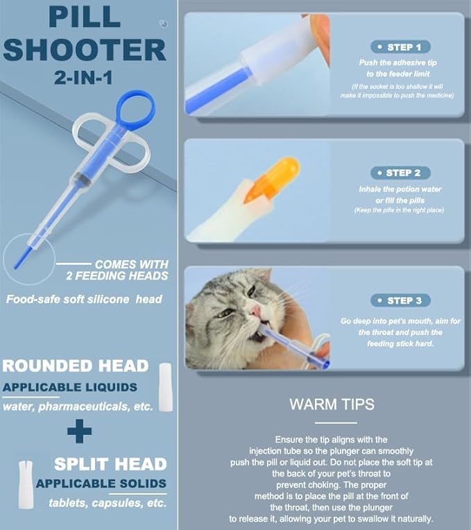 Cat Pill Shooter 5-in-1 Kit, Pet Pill Cutter and Crusher for Cats and Dogs, Dog Tablet Soft Tip Syringe and Medical Feeding Liquid Dispenser Tool with Plastic Measuring Cup 100ml