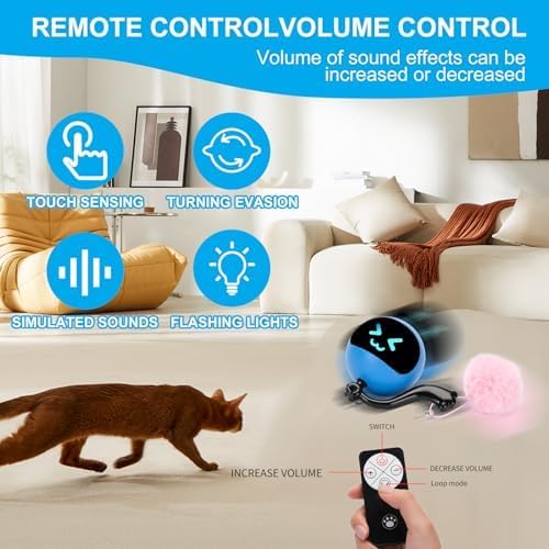 Interactive Cat Toy Ball for Bored Indoor Adult Cats,Rechargeable Automatic Moving Mouse Chase Toy with Colourful LED Light,Smart Remot Control Cat Toy Rolling Ball Speed Moving Tail Blue