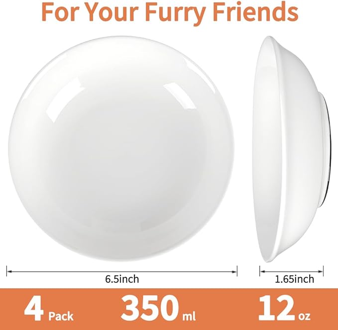 4-Pic Large Cat Bowls,No Spill,6.5" Cat Food Bowl,Anti Whisker Fatigue Healthy Ceramic Cats Dishes Set for Indoor Cats,Shallow Wide Kitten Plates for Food and Water,Non-Slip Silicone Bottom