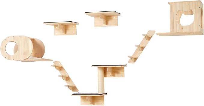 VEVOR Wall Mounted Cat Shelves, Perches with Jumping Boards,Hammocks & Cat Tree, Cat Furniture and Shelves up to 40 lbs for Sleeping, Playing, Climbing, Set of 7