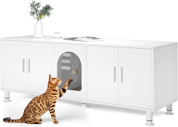 Double Litter Box Enclosure, Litter Box Enclosure for 2 Litter Boxes, Modern Litter Box Furniture for 2 Cats, with Cat Door & Motion Light (White)