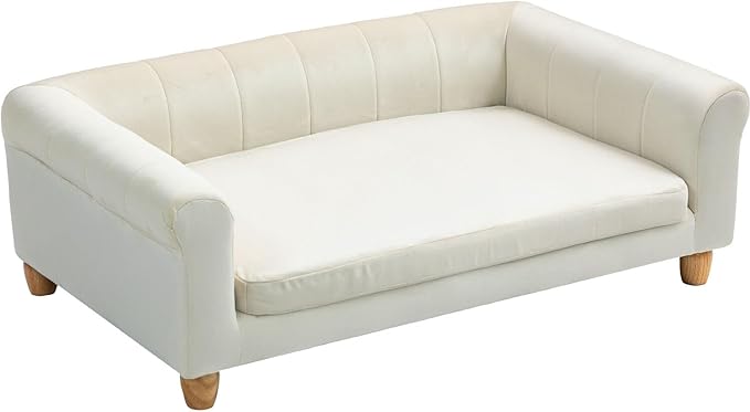Critter Sitters 42-In. Elegant Cream Faux-Velvet Rectangular Dog Sofa for Medium and Large Dogs, Durable Elevated Dog Sofa Bed, Comfortable Dog Couch, Modern and Stylish Dog Sofa for Large Dogs