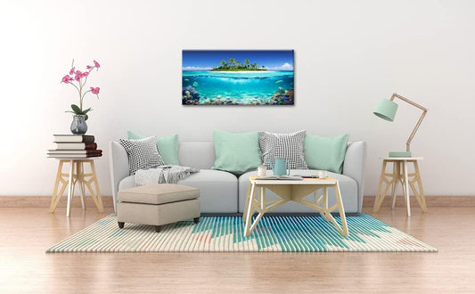 Tropical Island Coral Reef Landscape Canvas Wall Art for Living Room,Unique View Split Waterline Scenery,Beautiful Nature Summer Travel Scenic Picture Print Artwork Painting Decor,Inner Frame 20x40