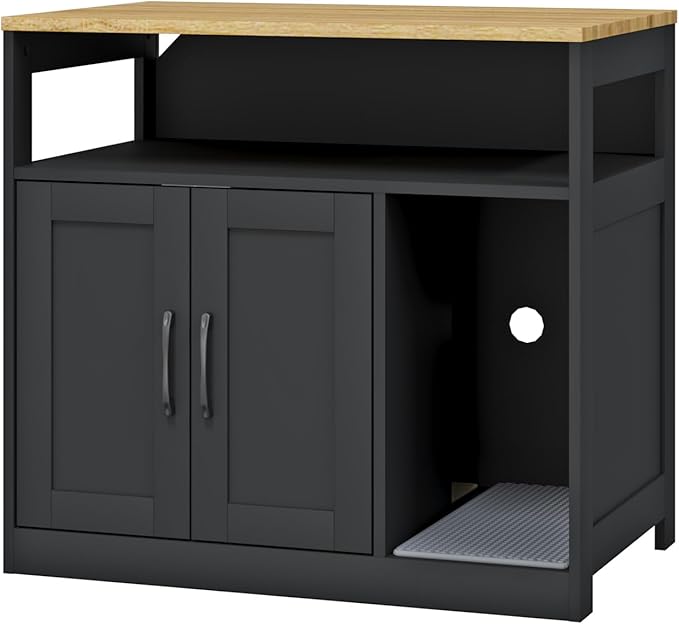 Cat Litter Box Enclosure,2-Tier Hidden Litter Box Furniture with Open Storage Shelf,Wooden Cat Washroom Indoor, Freestanding Cabinet for Living Room,Hallway,Black