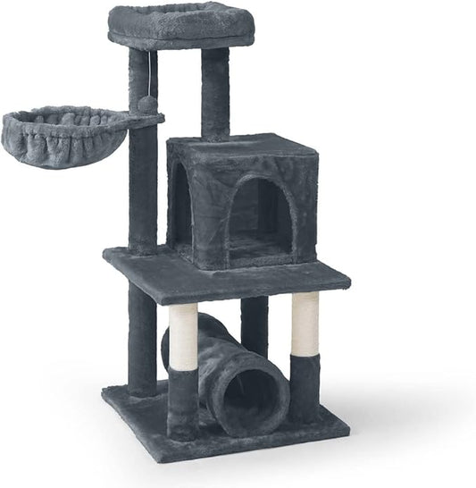 CAPHAUS Cat Tower for Indoor Cats, Modern Cute 40-Inch Small Cat Tree with Widened Perch for Large Cats Kittens, Multi-Level Cat Activity Tree with Scratching Posts, Tunnel, Basket, Cat Cave Condo