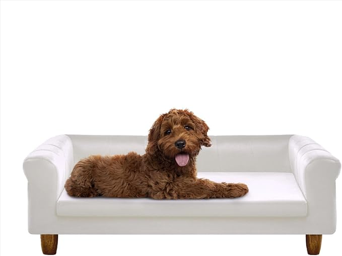 Critter Sitters 42-In. Elegant Cream Faux-Velvet Rectangular Dog Sofa for Medium and Large Dogs, Durable Elevated Dog Sofa Bed, Comfortable Dog Couch, Modern and Stylish Dog Sofa for Large Dogs