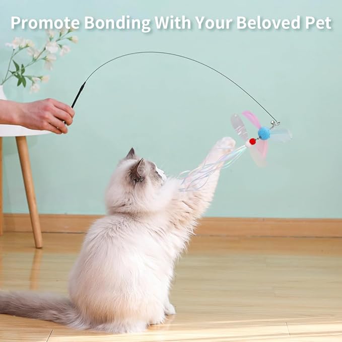 PAZ'S GIFT Cat Wand Toys, Interactive cat Feather Teaser Wand Toy with 2 Replacement Heads, Indoor cat Stick Toys