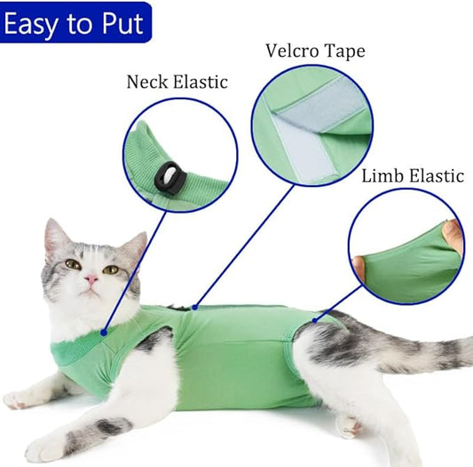 Cat Surgery Recovery Suit Professional for Surgical Abdominal Wound Or Skin Diseases E-Collar Alternative for Cats After Surgery Wear Pajama Suit (Green, Large)