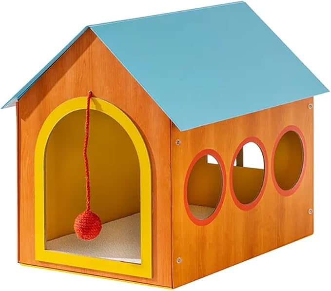 Blue Roof Cat House, Indoor Cardboard Cat Bed with Windows and Hanging Toy Ball, Cozy Cat Condo Hideaway for Kittens and Small Cats