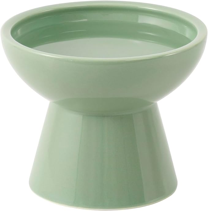 Extra Wide Elevated Ceramic Cat Water Bowl - 6.2" Deeper Dish for Whisker Fatigue Relief, 5" Height for Easy Feeding, Lead & Cadmium Free, Durable Raised Cat Bowls, Green