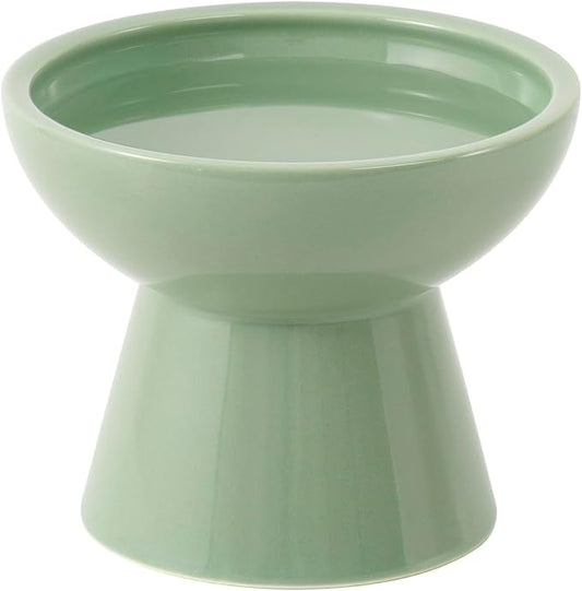 Extra Wide Elevated Ceramic Cat Water Bowl - 6.2" Deeper Dish for Whisker Fatigue Relief, 5" Height for Easy Feeding, Lead & Cadmium Free, Durable Raised Cat Bowls, Green