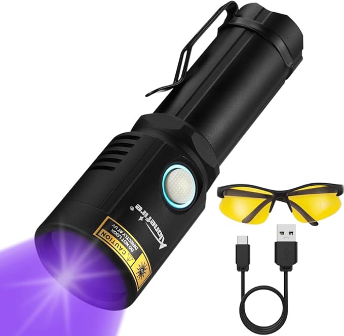 ALONEFIRE X901UV 365nm UV Flashlight 10W Blacklight USB C Rechargeable Ultraviolet Black Light for Pet Urine Detector, Scorpion, Resin, Bed Bug, Fishing, Rocks with UV Protective Glasses, Battery