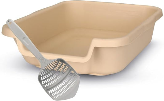 KittyGoHere Senior Cat Litter Box 1 Pack, Small Beach Sand Low Entrance Kitty Litter Box, Sized for Cats Comfort, Perfect for Senior and Arthritic Cats, Made in USA – Includes Long-Handle Jumbo Scoop