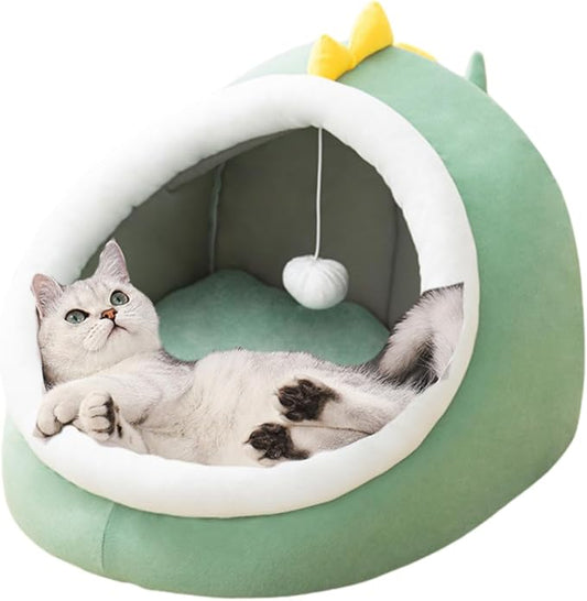 Cat Bed Cave with Removable Cushion, Indoor Pets Plush House Bed with Pompom for Small Dogs Cats Kitten Puppy Rabbits (Green,S)