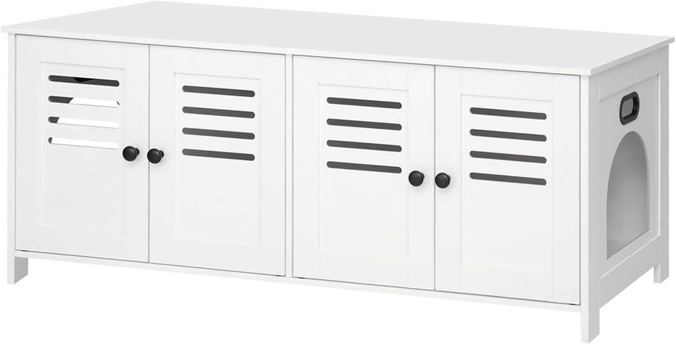 DINZI LVJ Litter Box Enclosure for 2 Cats, Hidden Litter Box Furniture with Double Rooms, Dual Cat Litter House, Front Doors, 47.2" Wooden Hidden Cat Washroom, Side End Table, TV Stand, White