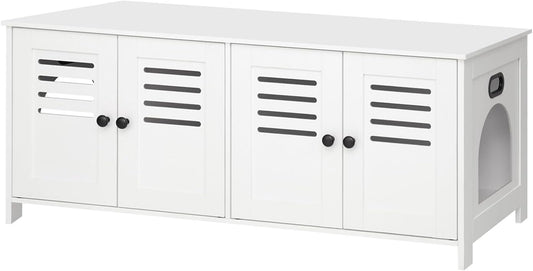 DINZI LVJ Litter Box Enclosure for 2 Cats, Hidden Litter Box Furniture with Double Rooms, Dual Cat Litter House, Front Doors, 47.2" Wooden Hidden Cat Washroom, Side End Table, TV Stand, White