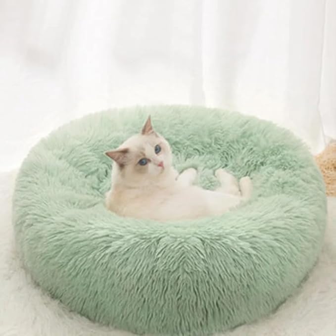 Cat Beds for Indoor Cats - Washable 20/24 inches, Anti-Anxiety Round Plush Faux Fur, Thick Bottom (Light Green, Medium) - Suitable for Small to Medium Dogs