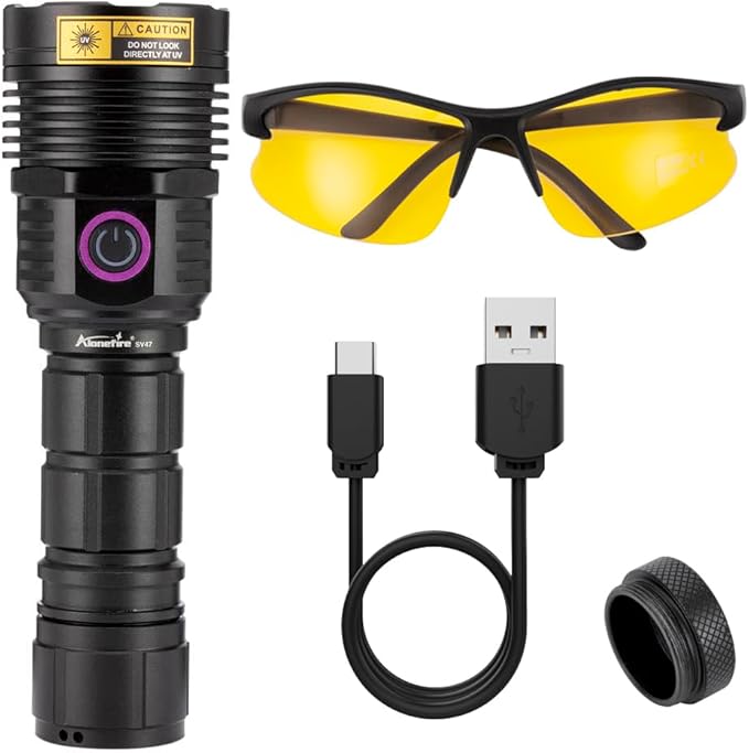 ALONEFIRE SV47 12W 365nm UV Flashlight USB C Rechargeable Long Range Black Light Pet Urine Detector for Resin Curing, Fishing, Scorpion, Minerals, Bed Bugs, Leaks with UV Protective Glasses, Battery