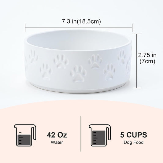 SPUNKYJUNKY Ceramic Dog Bowls 2 Pack, 7.3'' Dog Food Water Double Feeding Bowls Non-Slip for Medium to Large Sized Breed Microwave Dishwasher Safe - 42 OZ, 2pcs, Paw White