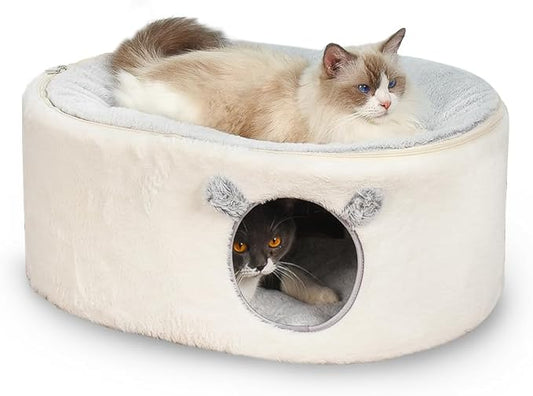 Cat Bed for Indoor Cats, Fluffy Cat Cave Large Enclosed Cat House Pet Bed Hammock with Removable Washable Cover for Sleeping Cat, Kittens, Small Dog, Oval Cat Hideaway