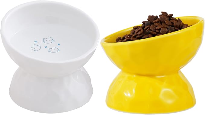 AOMRYOM Ceramic Tilted Raised Cat Food and Water Bowl Set, Elevated Stress Free Feeding Pet Bowl Dish for Cats and Small Dogs, Protect Cat's Spine, White & Yellow, Set of 2