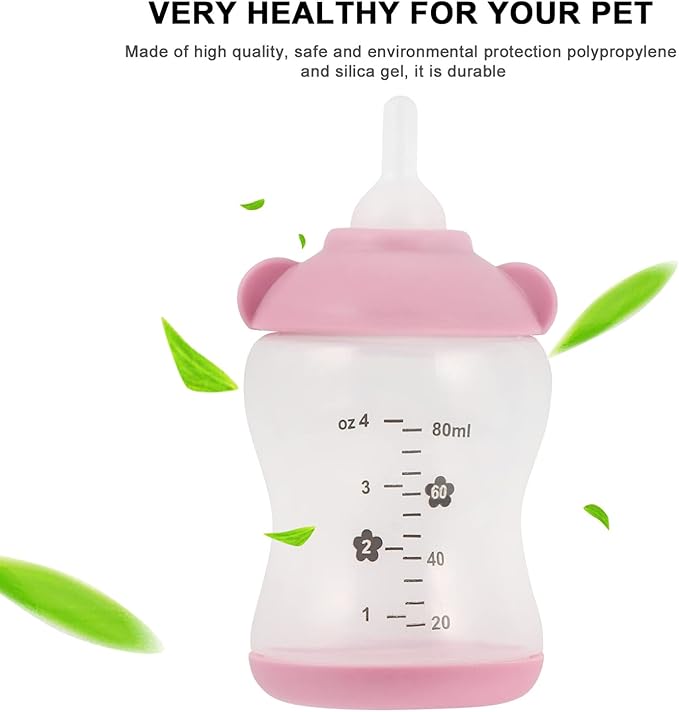 Small Pet Nursing Bottle Kit, 80ml Pink Kitten and Puppy Feeding Bottle with Accurate Scale, Reusable PP and Silicone Nursing Bottle for Newborn Kittens Puppies Rabbits Small Animals