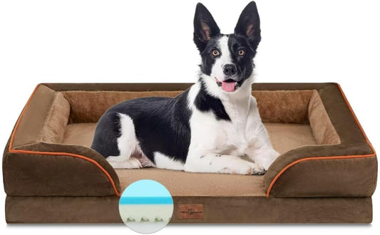 Comfort Expression Cooling Dog Beds Orthopedic, Waterproof Memory Foam Dog Bed for Large Dogs, Washable Dogs Beds with Removable Cover, Pet Sofa Couch with Bolster(Large,Khaki Brown)