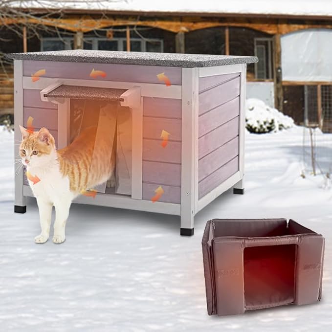 Outdoor Cat House, Heated Feral Cat Shelter with Insulated Liner, Waterproof Roof Cat House Outside for Winter