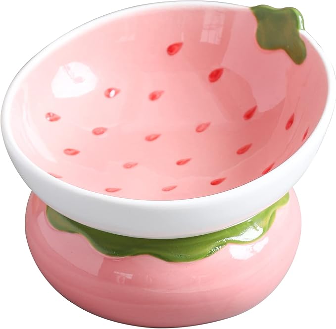 Ceramic Raised Cat Bowl - Pink Elevated Food Bowl for Indoor Cats, Anti-Vomiting & Spine Protection, Cute Tilted Dish for Flat-Faced Cats and Kittens (Strawberry Shaped)