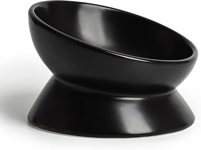 YauYik Ceramic Raised Cat Bowl - Cat Food Bowl Elevated Tilted for Short Leg Cats and Small Dogs - 6 Inches Whisker Friendly Pet Bowl Dish, Reduce Neck Burden Feeding Bowl, Black, 10 Oz