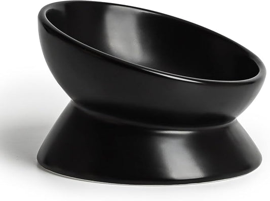 YauYik Ceramic Raised Cat Bowl - Cat Food Bowl Elevated Tilted for Short Leg Cats and Small Dogs - 6 Inches Whisker Friendly Pet Bowl Dish, Reduce Neck Burden Feeding Bowl, Black, 10 Oz