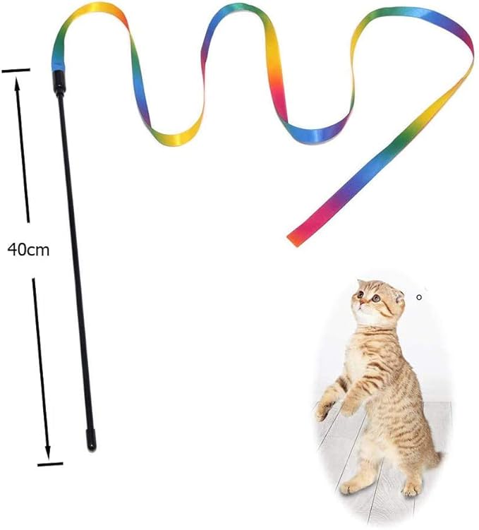 KABASI Cat Wand Rainbow Toy, 3 Styles Funny Interactive Cat Toys, Cuddly Stuffed Snake Toy on Stick with Bell, Colorful Sounding Toys, Rainbow Ribbon Wand for Kittens Training