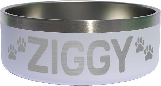 Custom Dog Bowl with Paws and Name - Engraved, Nonslip, Personalized, Custom Cat Bowl, 304 Stainless Steel, Feeding, Pet Supplies (White, Medium -32oz)