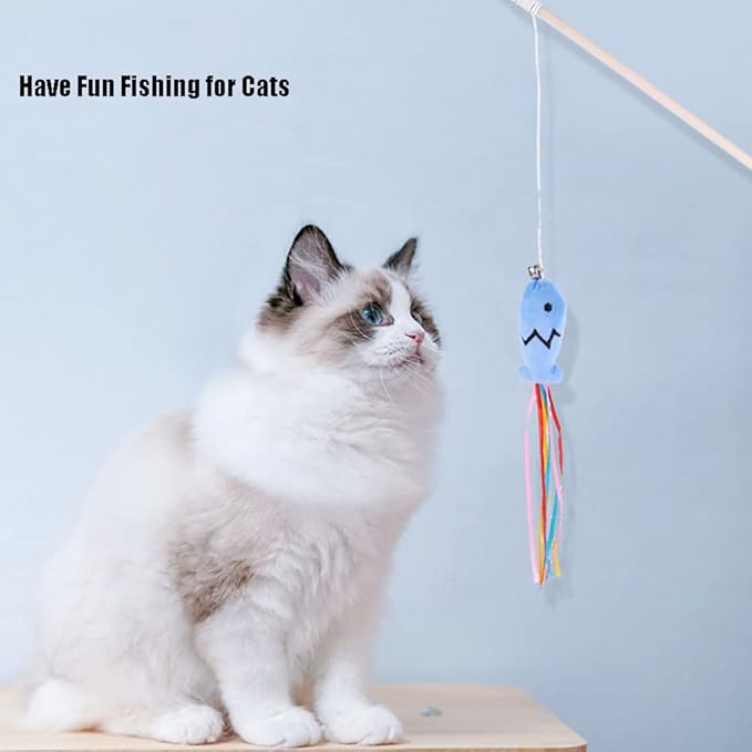 IUHKBH Cat Wand, 3 PCS Interactive Kitten Toys Wooden Handle Kitten Teaser Toys with Cute Fish Tail Sturdy Cat Sticks