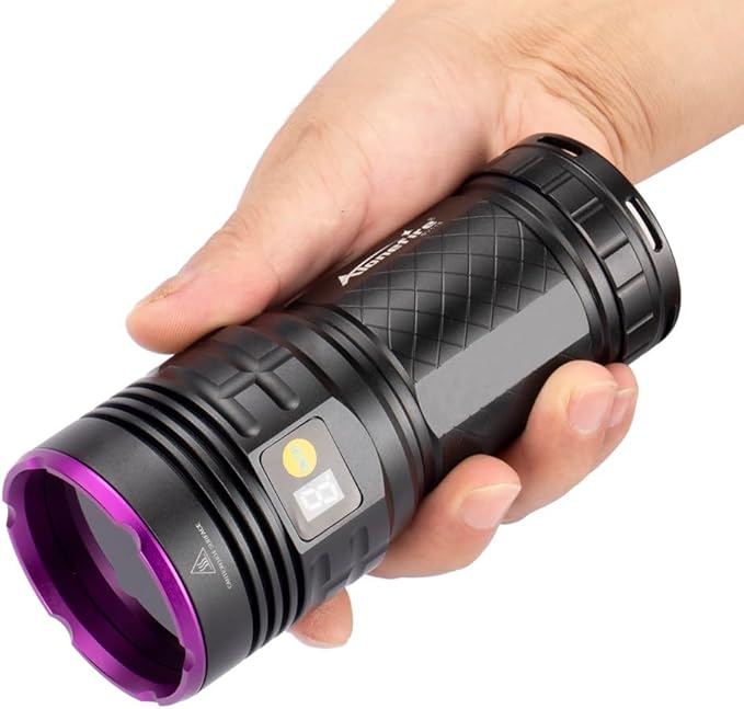 ALONEFIRE SV118 365nm UV Flashlight 80W Powerful Blacklight Digital Display USB C Rechargeable Black Light for Pet Urine Detector, Scorpion, Resin, Bed Bug, Fishing with UV Protective Glasses, Battery
