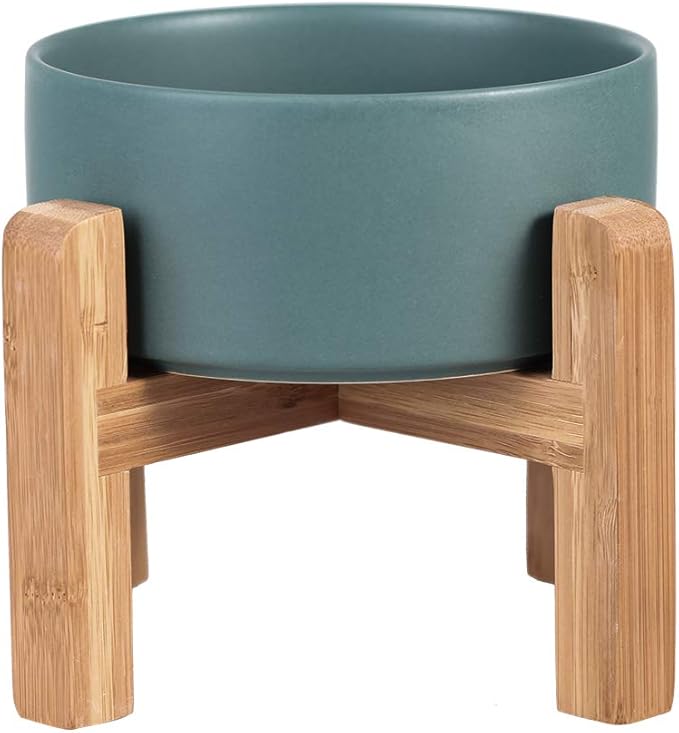 Ceramic Elevated Raised Cat Bowl with Wood Stand No Spill Pet Food Water Feeder Cats Small Dogs