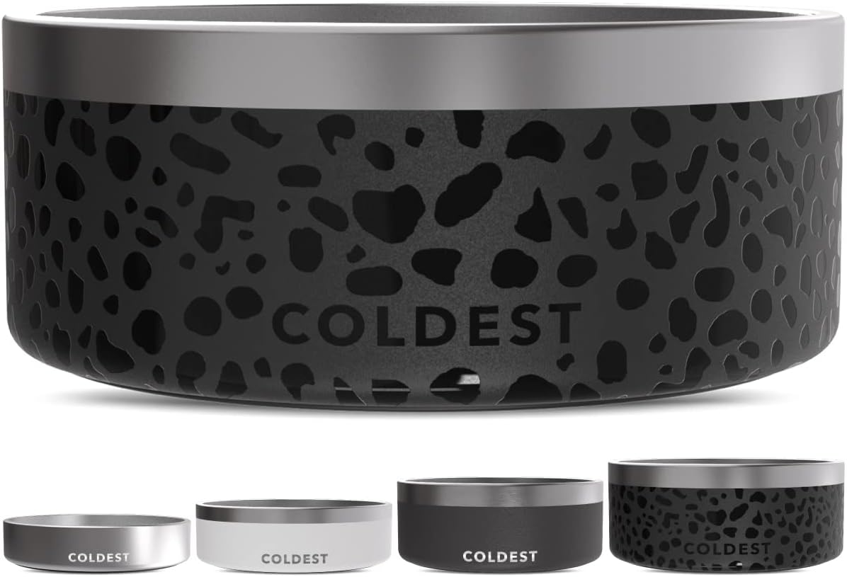 Coldest Dog Bowl - Anti Rust Metal, Non Slip, 3 Layers Insulated Stainless Steel Dog Bowls - Spill Proof & Heavy Duty - Water Bowl for Dogs, Cats & Pets, Dish Washer Safe (100 oz, Black Leopard)