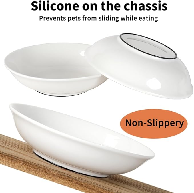 4-Pic Large Cat Bowls,No Spill,6.5" Cat Food Bowl,Anti Whisker Fatigue Healthy Ceramic Cats Dishes Set for Indoor Cats,Shallow Wide Kitten Plates for Food and Water,Non-Slip Silicone Bottom