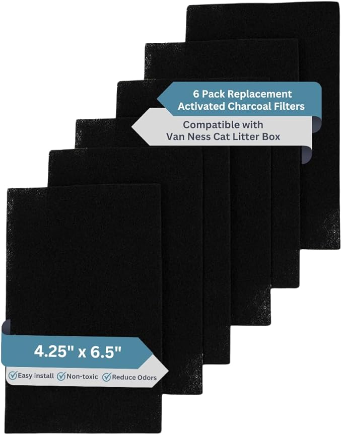 6-Pack Activated Carbon Filters for Litter Box - Pre-Cut 4.25" x 6.5" Cat Litter Box Filters Replacement - Absorbs Odors and Dust - Compatible with Van Ness Models, Made in USA