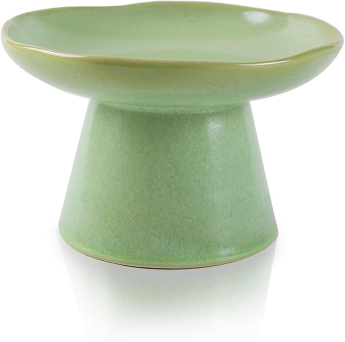Wide Shallow 6.1" Raised Cat Bowls, Ceramic Elevated Food Bowl for Flat Faced Cats and Small Dogs, Porcelain Feeder Bowl, Stress Free, Protect Cat’s Spine, Green