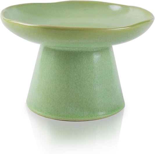Wide Shallow 6.1" Raised Cat Bowls, Ceramic Elevated Food Bowl for Flat Faced Cats and Small Dogs, Porcelain Feeder Bowl, Stress Free, Protect Cat’s Spine, Green