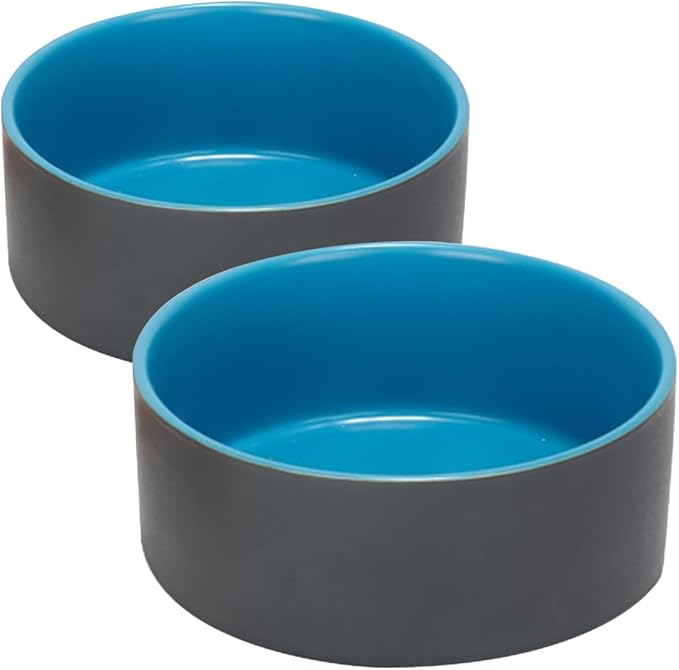 SPUNKYJUNKY 28.7OZ Ceramic Dog and Cat Bowl, Modern Cute Weighted Food Water Bowl for Replacement Blue-Grey (2 Pack)