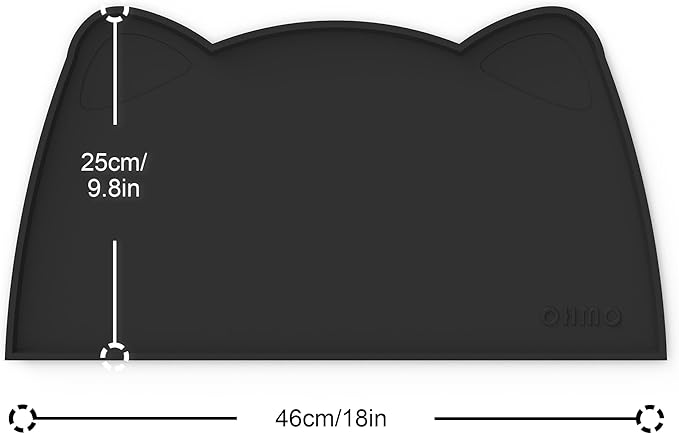 OHMO - Cat Food Mat, Silicone Pet Feeding Mat for Floor Non-Skid Waterproof Dog Water Bowl Tray, Easy to Clean Pet Placemat (Black, 18 * 9.8'')