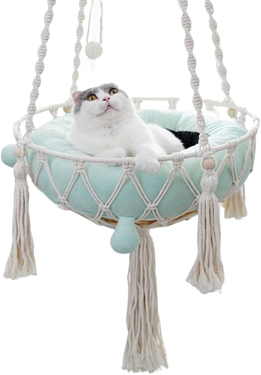 Cat Hammock, Handwoven Hanging Boho Cat Bed with Hanging Kit for Indoor Outdoor Home Decor Hang Cat Swing Beds with Cushion