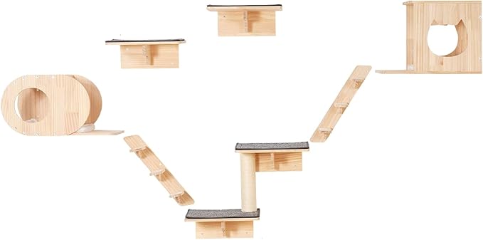 VEVOR Wall Mounted Cat Shelves, Perches with Jumping Boards,Hammocks & Cat Tree, Cat Furniture and Shelves up to 40 lbs for Sleeping, Playing, Climbing, Set of 7
