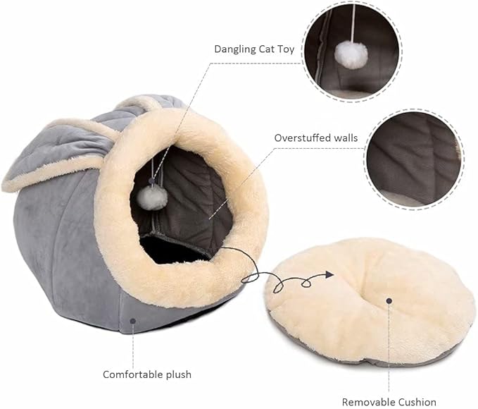 Cat Beds for Indoor Cats - Rabbit-Shaped Cat Cave Bed with Hanging Toy,Super Soft Calming Pet Bed for Kitten&Puppy,Small Dog,Warm Plush&Machine Washable&Removable Cotton Pad,Cat Hideaway(Grey M)